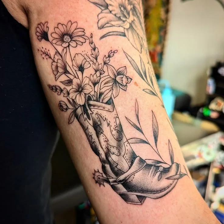 Fineline Cowboy Boot Floral Tattoo